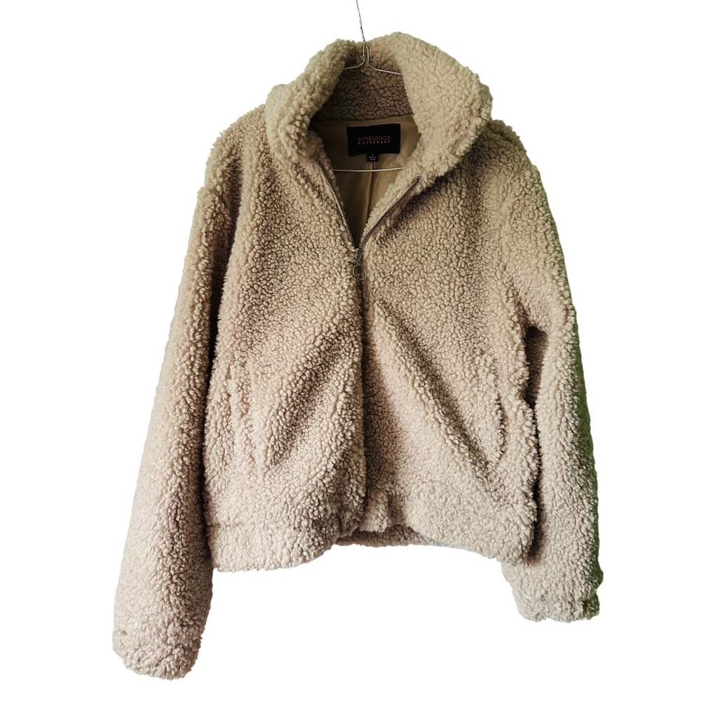Ambiance‎ Outerwear Beige Fuzzy Teddy Fleece Zip Up Jacket Size S